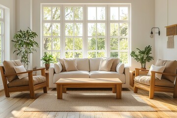 Minimalist, a japandi-style interior photo of a bright living room with a sofa and a wooden table in view. Generative AI
