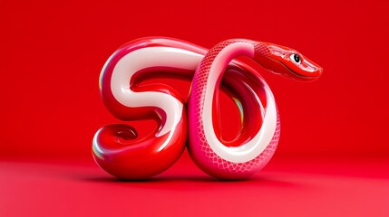 Obraz premium Red and white snake with a black head and a pink body. The snake is curled up and has a 50 on its body