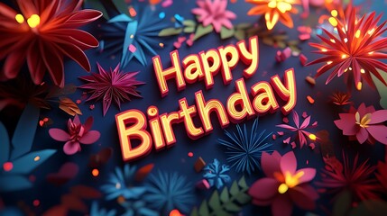 An artistic kirigami depiction of "Happy Birthday" where letters are surrounded by detailed, layered paper fireworks bursting in a spectrum of colors,