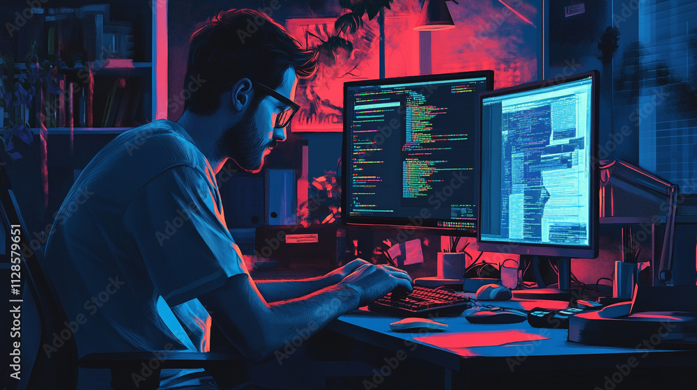Poster creative programmer working late at night in a dimly lit room with dual monitors