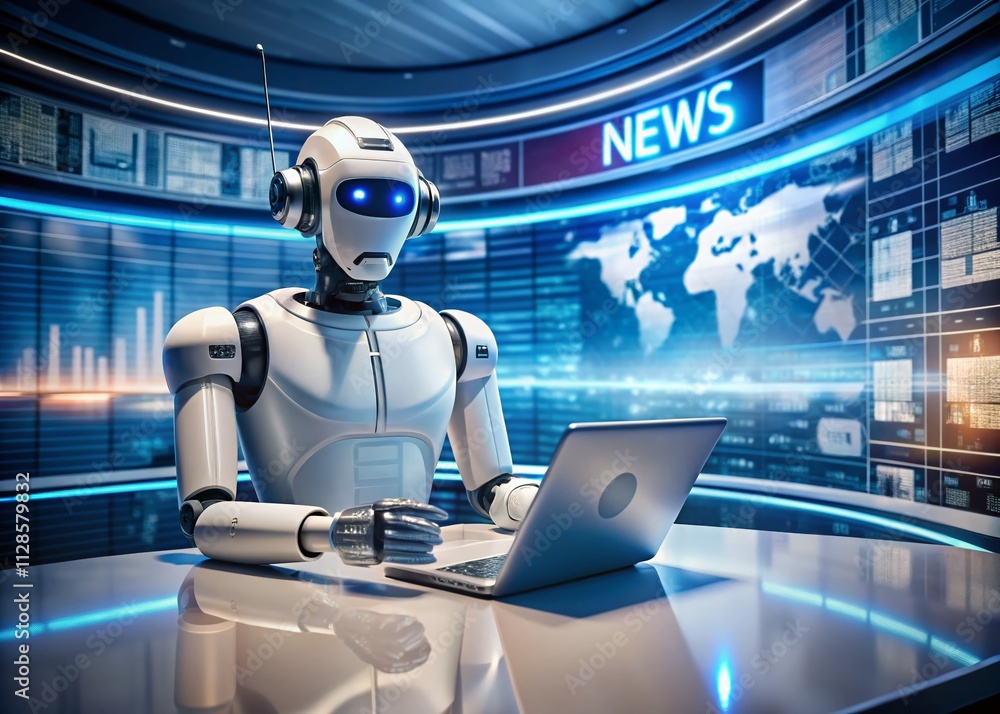 Poster aerial view of futuristic robot broadcasting news: the evolution of automated journalism with intell