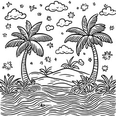Dreamlike Character Sketches, Dreamlike Character Sketches, Tropical Paradise Illustration with Palm Trees and Waves