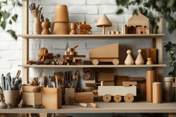 Artistic Arrangement of Finely Crafted Wooden Toys on Shelves with Greenery and Light Wall Background