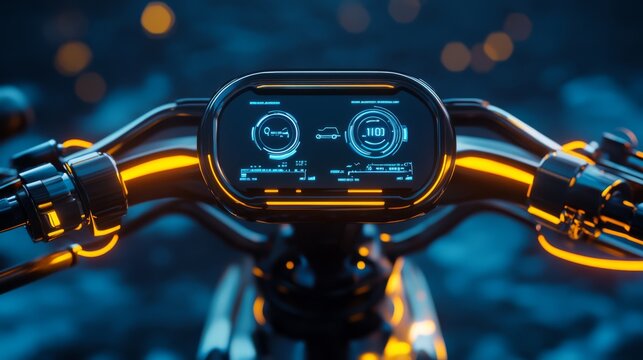 Futuristic motorcycle dashboard with digital display and illuminated handlebars.