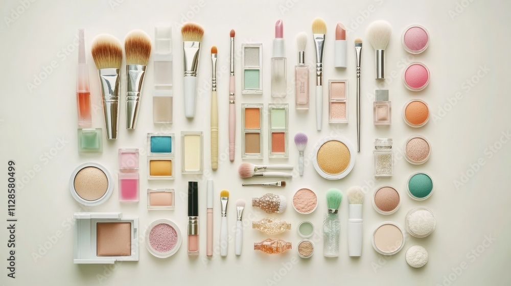 Poster collection of various makeup tools such as brushes, eyeshadows, lipsticks, and powders set against a