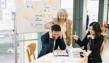 Team thinking of problem solution at office meeting, sad diverse business people group shocked by bad news, upset colleagues in panic after company bankruptcy concept..