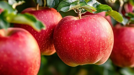 Obraz premium Fresh Red Apples Hanging on the Tree Branch, Showcasing Juicy Texture and Vibrant Color in a Lush Orchard Setting Under Bright Sunlight