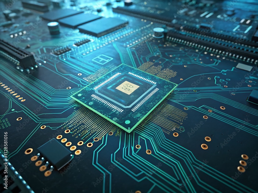 Poster aerial view of high-tech digital circuit board with blue and green abstract design for modern poster