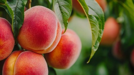 Fresh and Juicy Peaches Hanging from a Tree Branch Surrounded by Lush Green Leaves in a Sunlit Orchard Setting
