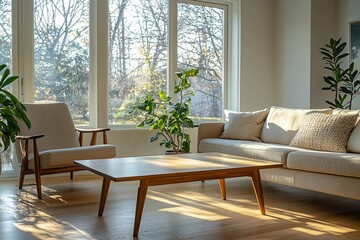 Mid century Modern interiors in the living room with green leaves visible out the window and sofa and cafe table. Generative AI
