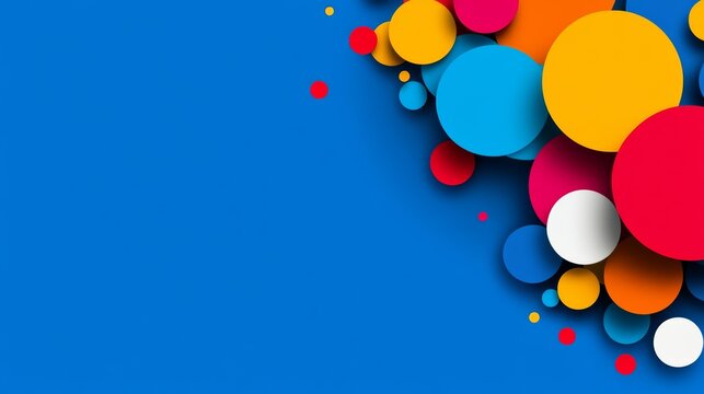 Blue background with a bunch of colorful circles. The circles are of different sizes and colors, and they are scattered all over the background. The image has a playful and fun vibe