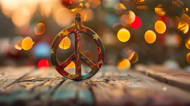 A peace sign ornament on a wooden surface with blurred holiday lights in the background.