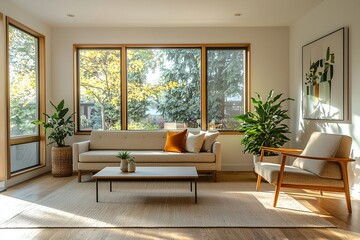 Mid century Modern interiors in the living room with green leaves visible out the window and sofa and cafe table. Generative AI
