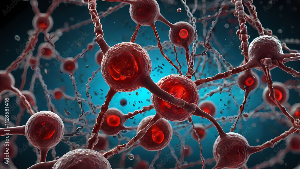 Poster neural network intrigue: microscopic view of interconnected neurons, vibrant red against a deep teal