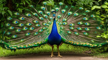 Obraz premium Stunning Close-Up of a Male Peacock Displaying Vibrant Feathers in Nature, Showcasing Beautiful Colors and Intricate Patterns