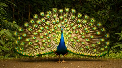 Obraz premium Majestic Peacock Displaying Its Vibrant Feathers and Iridescent Colors in a Lush Green Environment, Captivating Nature's Beauty and Graceful Movement