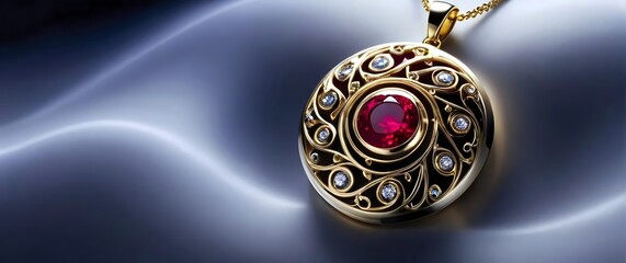 Tight view of a pendant with a swirling design of yellow gold and white gold inlaid with alternating rubies and sapphires glowing softly on a bed of velvet