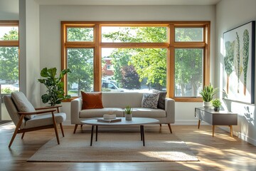 Minimalist, mid century modern interiors in the living room of a house with windows visible and sofa and cafe table. Generative AI
