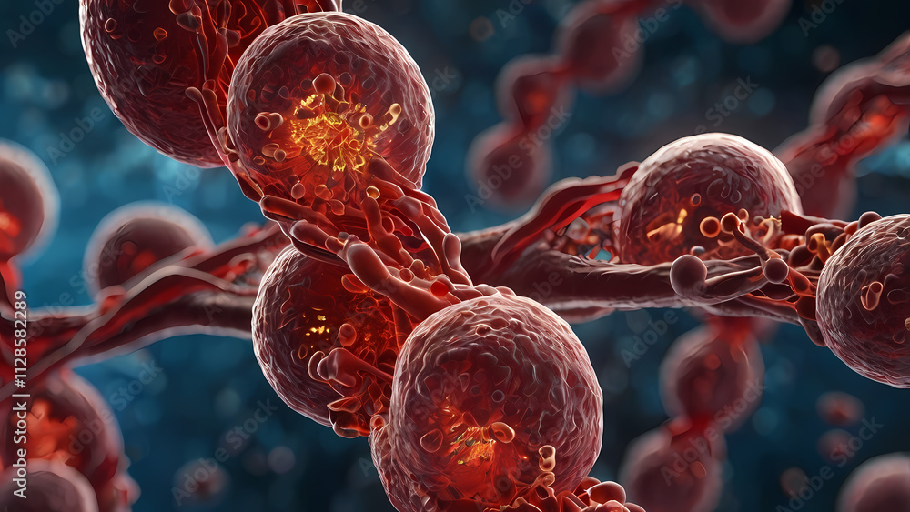 Poster microscopic chain of life: a close-up view of a chain of cells, glowing with an internal orange ligh