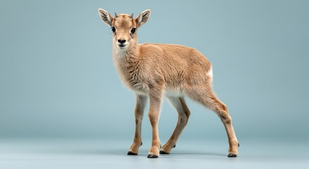 Obraz premium Young baby goat on minimal pastel background for animal design projects