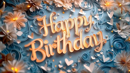 An elegant kirigami design of "Happy Birthday" with letters crafted from intertwining heart shapes, surrounded by cascading paper lace patterns and glowing light accents, hd quality,