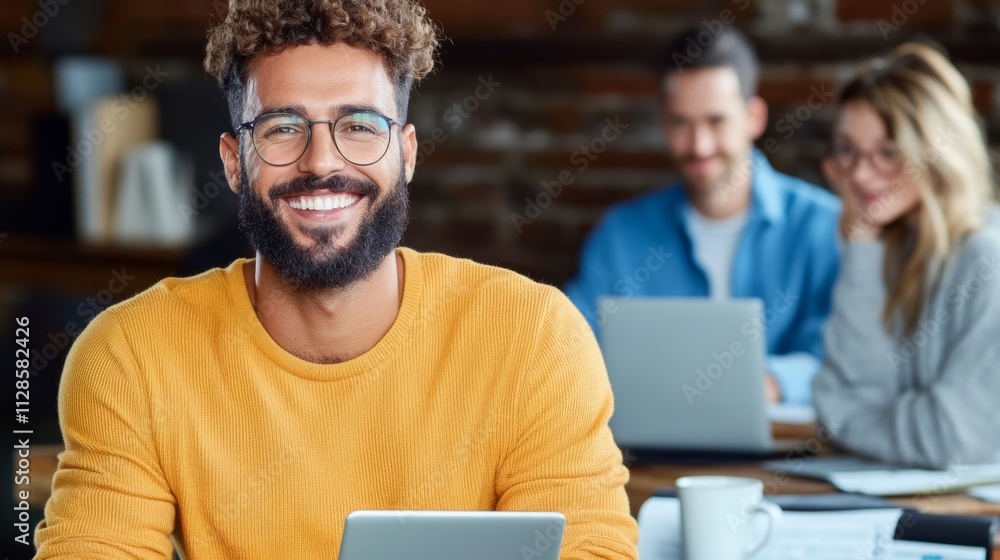 Poster man with glasses and a beard is smiling and holding a tablet