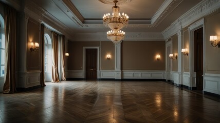 Elegant empty ballroom with hardwood floors, chandelier, and classic decor.