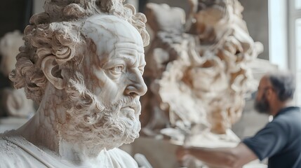 Naklejka premium A marble statue mid-process with chisel marks visible and a sculptor in the background.