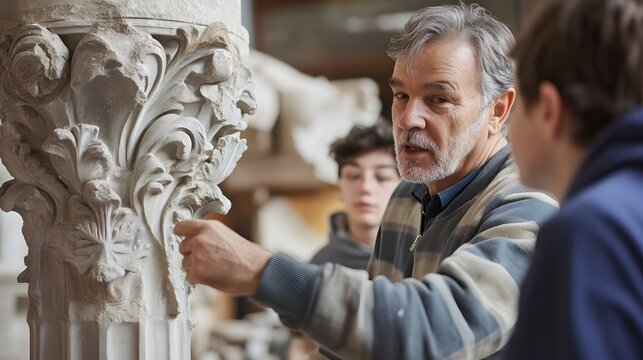 A master sculptor instructing students while demonstrating techniques on a stone column.