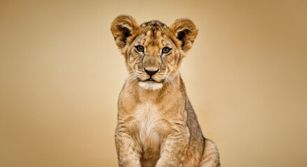 Majestic young lion cub portrait against warm beige background for nature design