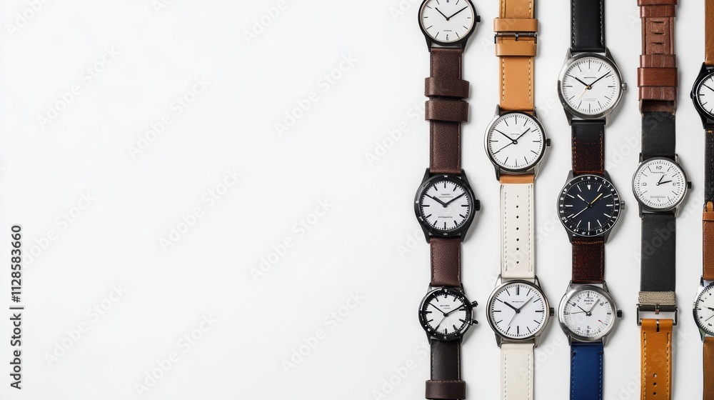 Poster various wristwatches are showcased in a row, highlighting diverse styles and straps on a clean backg