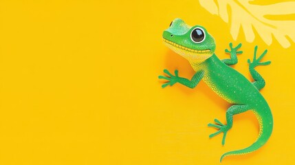 Fototapeta premium Green lizard is on a yellow background. The lizard is looking at the camera