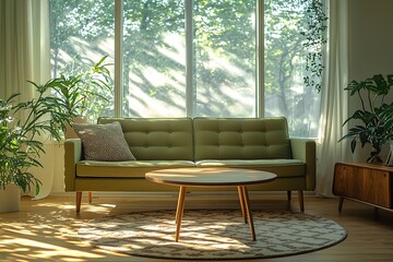 Minimalist, mid century modern interiors in the living room with windows visible and green sofas and cafe tables. Generative AI
