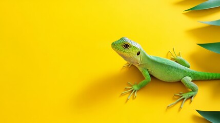 Obraz premium Green lizard is laying on a yellow background. The lizard is looking at the camera. The yellow background is bright and cheerful, and the lizard's green color contrasts well with it