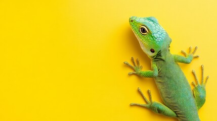 Fototapeta premium Green lizard is on a yellow background. The lizard is looking up at the camera. The yellow background gives the image a bright and cheerful mood