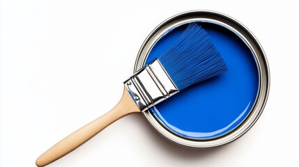 Blue paint can with a blue brush inside it. The brush is made of wood and is blue in color