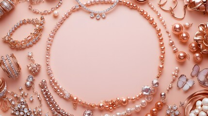 A pale peach background surrounded by jewelry items like bracelets necklaces and rings creating a radiant frame around the blank middle.