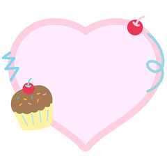 Cute illustration of cherry, cupcake and pastel pink heart shaped blank space for insert text, message, name tag, text bubble, sticker, sticky note, notepads, paper, sweet dessert, cafe, restaurant

