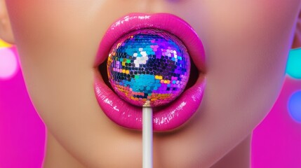 Woman is holding a lollipop with a disco ball on it. The image has a fun and playful mood, as the disco ball adds a sense of whimsy and lightheartedness to the scene