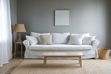A modern minimalist interior design of a residential living room with light grey finished walls and white sofas. Generative AI

