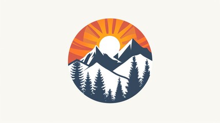 A logo design of a mountain range silhouetted against a setting sun.
