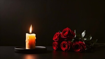 Candle burning in memory with red roses on dark background signifying mourning and remembrance