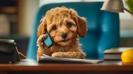 A puppy sitting behind a miniature desk holding a toy phone in its paw as if taking an important call.