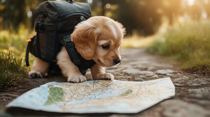 A puppy wearing a tiny backpack sniffing a map spread on the ground as if planning a hike.