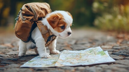 A puppy wearing a tiny backpack sniffing a map spread on the ground as if planning a hike.