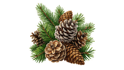 Pine Cones and Green Pine Branches Arranged Together on a Transparent Background






