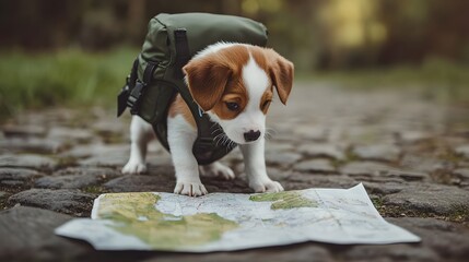 A puppy wearing a tiny backpack sniffing a map spread on the ground as if planning a hike.