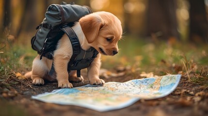 A puppy wearing a tiny backpack sniffing a map spread on the ground as if planning a hike.