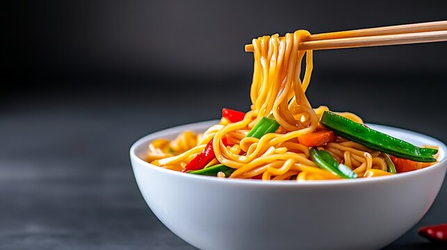 A bowl of noodles with vegetables and a person holding chopsticks. The bowl is white and the vegetables are red and green