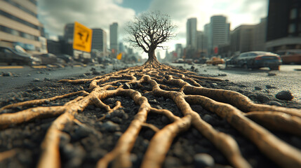 Fototapeta premium Urban tree roots emerge from city streets urban environment nature photography dramatic perspective environmental concept